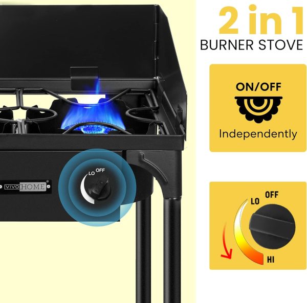 VIVOHOME 150,000 BTU Double Burner Propane Stove, Heavy-Duty Outdoor Portable Camp Stove with Windscreen & Detachable Legs for Camping, Backyard, BBQ Cookouts - Image 4